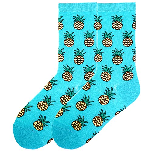 K. Bell Socks Women's Food and Drink Fun Novelty Crew Socks, Pineapples (Teal), Shoe Size: 4-10