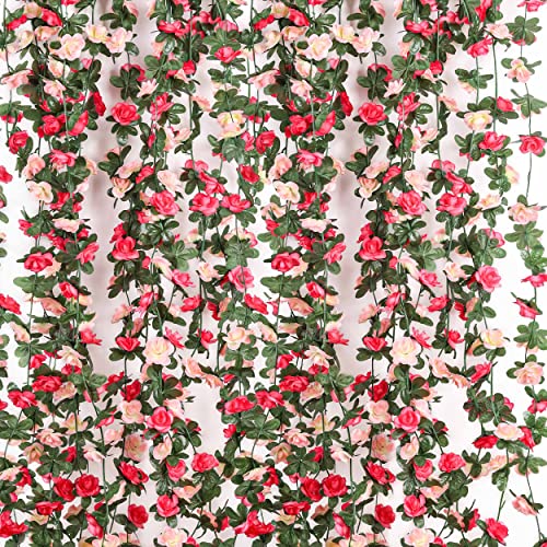 Miracliy 9 pcs73.8 FT Flower Garland Fake Rose Vine Artificial Flower Hanging Rose Ivy Home Hotel Office Wedding Party Garden Craft Art Décor (Pink)