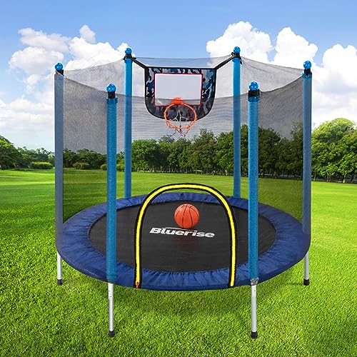 BLUERISE Trampoline 55IN Indoor Trampoline for Kids Outdoor Play for Kids Trampoline Basketball Hoop Attachment with Enclosure Net Easy to Assemble Recreational Trampoline