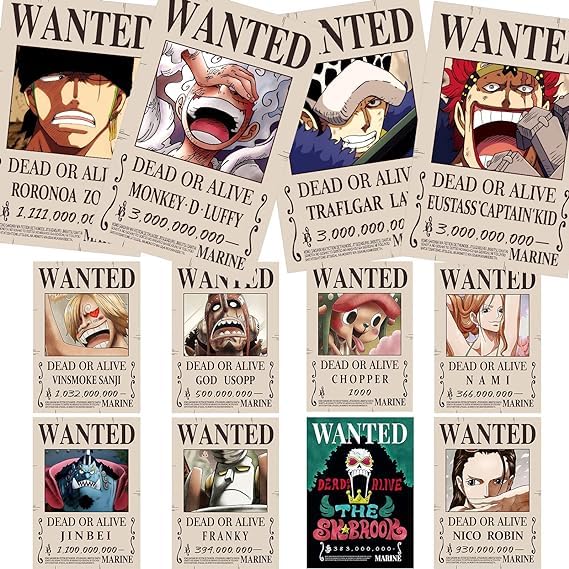12PCS Anime One Piece Poster 7.8X11.2 inch New Bounty Wanted Edition Straw Hat Pirates Nika Luffy 3 Billion Zoro Sanji Fifth Gear Luffy Gear 5, Kidd, Law, Wall Collage Kits