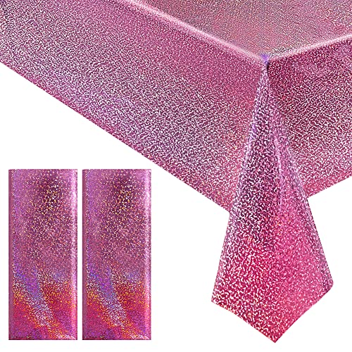 2 pcs Pink Holographic Laser Tablecloths Hot Pink Shiny Table Covers 40' x 108' Foil Disposable Rectangle Table cloths for Girl Birthday Party Wedding Anniversary Bachelorette Baby Shower Decor