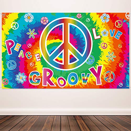 60's Hippie Party Decoration Groovy Banner Hippie Theme Party Photography Backdrop 60's Scene Setters Carnival Large Groovy Wall Decoration Kit Peace and Love for Party Supplies 72.8 x 43.3 Inch