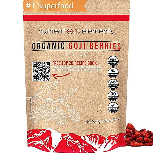 2lbs Organic Raw Dried Goji Berries - USDA Certified, Non GMO, Large Berries with Recipes E-Book - by Nutrient Elements