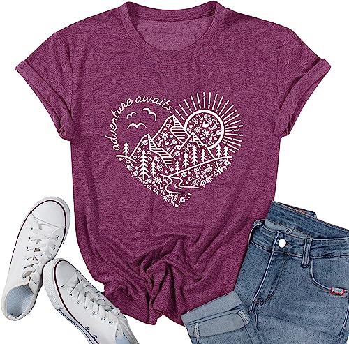 Women Adventure Awaits Outdoor Graphic Tee Shirt Kindness Heart Printed Hike Mountain Nature Travel Shirt Workout Tops, Purple XL