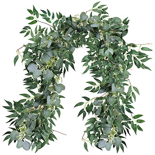 Fake Greenery Garlands Artificial Silver Dollar Eucalyptus Garland in Grey Green and Willow Twigs Garland Intertwined Together for Rustic Wedding Arch Swag Doorways Table Runner Decoration