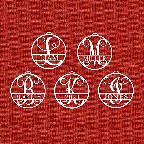 ROCC RUSTED ORANGE CRAFTWORKS CO. - Circle Monogram Ornaments - 5 Pack - Personalized Christmas Ornaments White, Silver, or Black Ornaments for Christmas Tree Letter Rustic Christmas Ornament (4 inch)