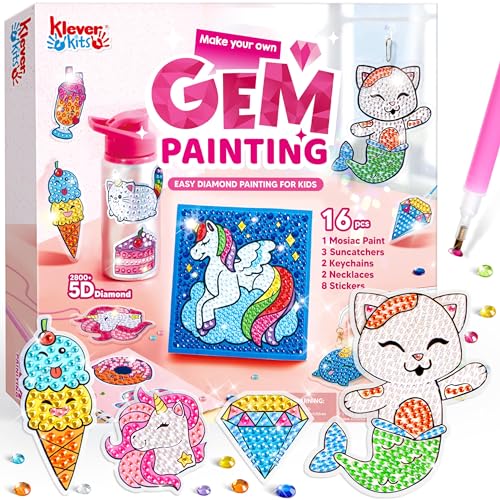 Klever Kits 16 Projects Gem Art, Kids Diamond Painting Kit with 5D Gem, Arts and Crafts for Girls Ages 6-12, Gem Craft Activities Kits, Premium Diamond Art Gift Ideas for Girls Crafts Ages 6, 7, 8+