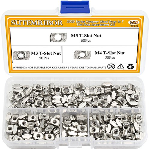 Sutemribor 160 Pieces 2020 Series T Nuts, M3 M4 M5 T Slot Nut Hammer Head Fastener Nut for Aluminum Profile