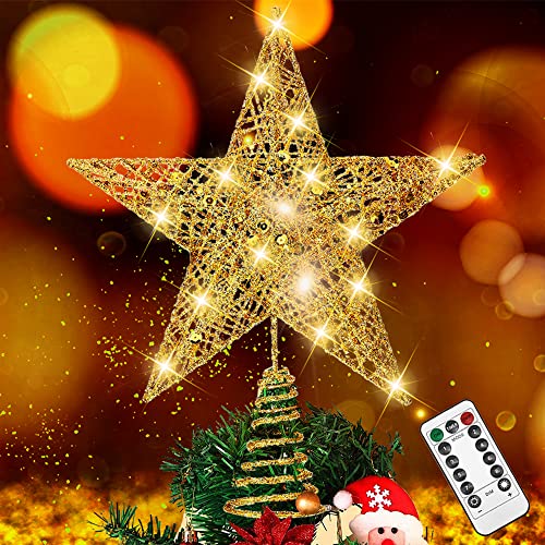 Raxurt Christmas Tree Topper, 40 LED 11 Inches USB Lighted Star Tree Topper with Remote Control Decorations for Indoor Home Decor, Gold/Large