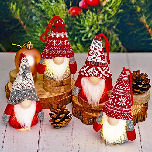 Christmas Gnome Hanging Ornaments with Lights, Handmade Swedish Tomte Plush Scandinavian Santa Elf Ornaments, Home Decorations for Shelf Table Fireplace Christmas Tree - Pack of 4