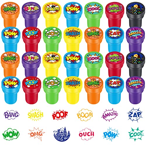 Gueevin 60 Pieces Hero Self Inking Stampers Hero Theme Assorted Stamps Colorful Kid Stamps for Birthday Hero Party Favors, Goody Bag Fillers, Classroom Rewards, Learning Activities, 12 Designs