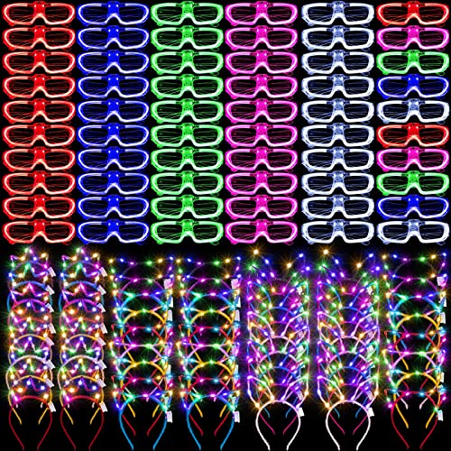 120 Pcs Glow in the Dark Party Supplies 60 Light up Glasses 20 LED Cat Ear Headband 20 LED Rabbit Ear Hair Accessories 20 Glow Crown Tiara Hairband for Neon Holiday Birthday Halloween Christmas Party