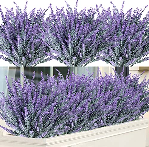 Ouddy Decor 12 Bundles Fake Flowers Artificial Lavender Faux Plastic Purple Flowers for Home Wedding Kitchen Garden Patio Window Box Office Table Centerpieces Indoor Outdoor Decor (Gray Purple)