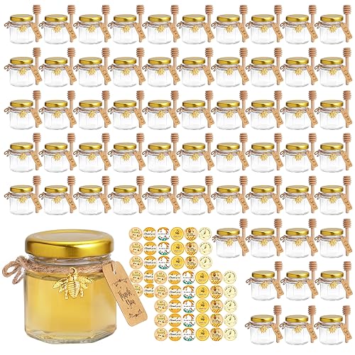 JIUHSHN 60Pcs Mini Glass Honey Jars 1.5Oz Hexagon Small Honey Jars In Bulk with Wooden Dippers,Bee Charms,Thank You Cards,Jutes and Stickers for Baby Shower Wedding Party Favors