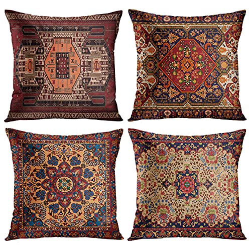 Emvency Set of 4 Throw Pillow Covers Tribal Abstract Dark Red and Yellow Vintage Carpet Pattern Decorative Pillow Cases Home Decor Standard Square 18x18 Inches Floral Pillowcases