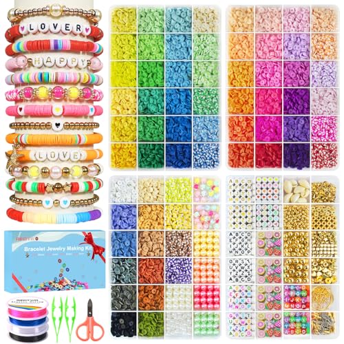 Redtwo 18000 Pcs Clay Beads Bracelet Making Kit, 4 Boxes 64 Colors Flat Polymer Heishi Jewelry with Gift Pack, Friendship Bracelet for Girls Ages 8-12