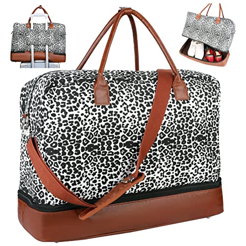 Weekender Bag with Shoe Compartment, Large Sports Gym Tote Bags, Duffle/Duffel Overnight Bags for Women/Men Travel, Canvas (Cowmooflage)