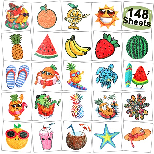CHARLENT 148 PCS Glitter Summer Fruit Temporary Tattoos for Kids - Watermelon Pineapple Individual Tattoos for Boys Girls Pool Birthday Party Favors Goodie Bag Fillers