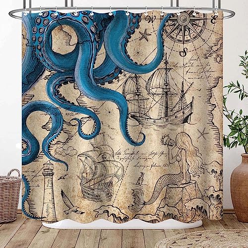 Fungarth Vintage Nautical Octopus Shower Curtain Navy Blue Mermaid Funny Ocean Kraken Shower Curtains for Bathroom Anchor Coastal Map Waterproof Fabric Bath Curtain Decor with Hooks (Retro, 72” x 72”)