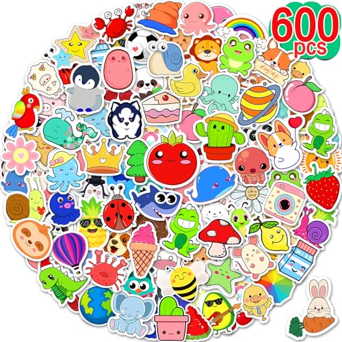 Apakkai 600 Pcs Cute Stickers for Kids, Water Bottle Stickers for Teens, Kawaii Vinyl Phone Laptop Skateboard Animal Waterproof Stickers, Bulk Aesthetic Sticker Packs for Boys Girls Teacher