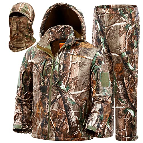 NEW VIEW Quiet Hunting Clothes for Men with 11 Pockets, Fleece-lined Water Resistant Camo Jacket and Pants