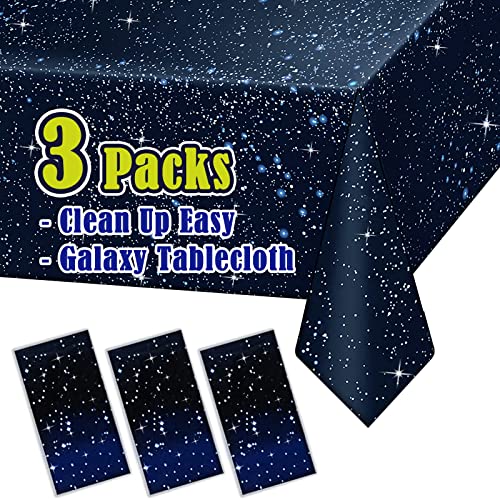 Vusnud 3 Packs - Space Tablecloth, Galaxy Themed Plastic Table Cover, Disposable Plastic Star Party Table Cover, 54’’ x 108’’, Fit for 8 Ft Table, for Home Decoration