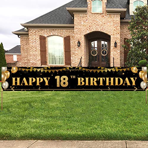 Large Happy 18th Birthday Decoration Banner, Black and Gold Happy 18th Birthday Banner Sign, 18th Birthday Party Decorations Supplies(9.8x1.6ft)