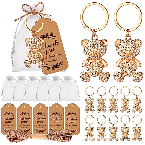wxfdac 24 Pcs Diamond Small Bear Keychain, with White Organza Bags Thank You Tags and Rope, Bear Keyring Party Favors for Guests Baby Shower Decorations Wedding Birthday