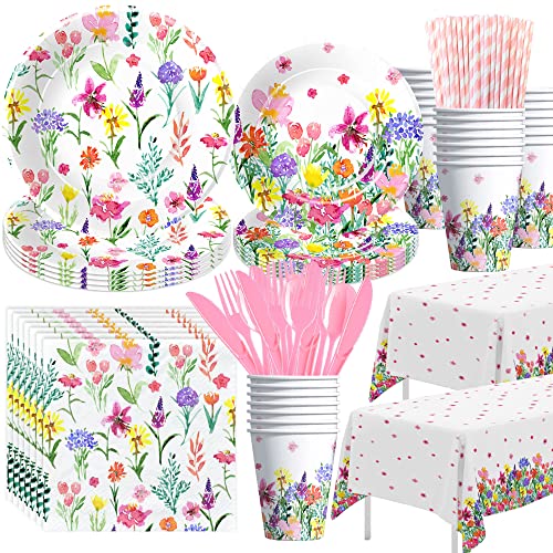 Xigejob Wildflower Decorations Tableware - Floral Party Supplies, Plate, Cup, Napkin, Tablecloth, Cutlery, Spring Summer Flower Party Decorations For Birthday, Baby Shower, Tea Party | Serve 24