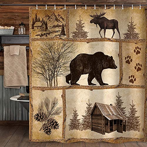 Rustic Cabin Shower Curtain Set, Farmhouse Country Antique Bear Moose Forest Vintage Wood Decor Bath Curtain，Hunting Camping Waterproof Fabric Bathroom Accessories Set, 69x70 inch with Hooks