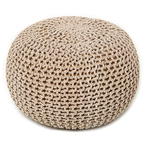 REDEARTH Round Pouf Ottoman - Hand Knitted Cable Boho Poof Home Décor Pouffe Circular Footrest for Living Room - Nursery - Bedroom - Lounge 100% Cotton (19.5'x19.5'x14') - Beige Ivory