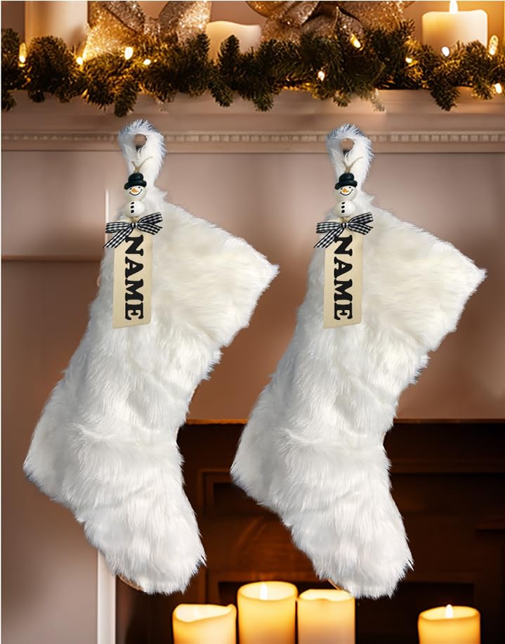 AISENO 2 Pack 18 Inch Snowy White Christmas Stockings Faux Fur Christmas Stockings Hanging Ornaments Candy Gift Bags for Christmas Decorations