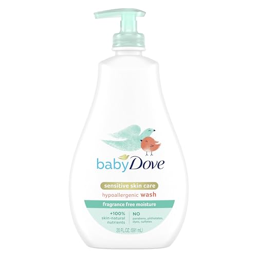 Baby Dove Sensitive Skin Care Baby Wash For Bath Time, Moisture Fragrance Free and Hypoallergenic, Washes Away Bacteria 20 oz