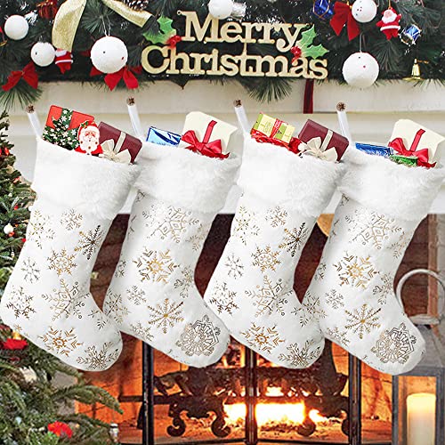 AyximGs Christmas Stockings Large 18 inches 4 Pcs - Plush Faux Fur Xmas Stocking with Golden Snowflake, for Family Holiday Xmas Personalized Party Decorations