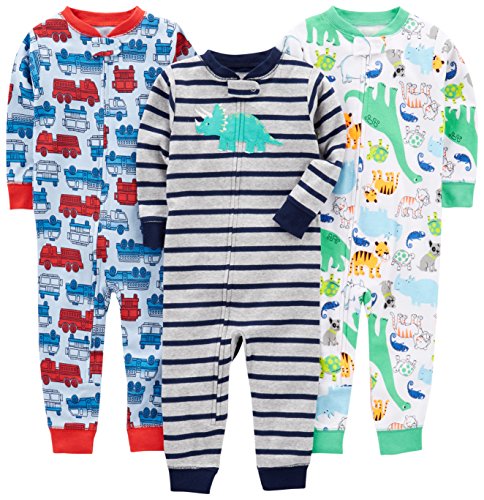 Simple Joys by Carter's Baby Boys' 3-Pack Snug Fit Footless Cotton Pajamas, Blue Firetruck/Grey Stripe/White Dinosaur, 3T