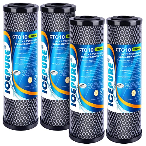 ICEPURE 1 Micron 2.5' x 10' Whole House CTO Carbon Sediment Water Filter Cartridge Compatible with DuPont WFPFC8002, WFPFC9001, SCWH-5, WHCF-WHWC, WHCF-WHWC, FXWTC, CBC-10, RO Unit, Pack of 4