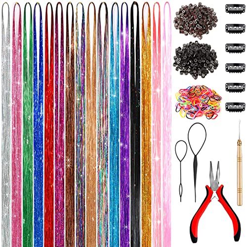48 Inch Glitter Hair Tinsel Extensions Kit (16 Colors, 4800 Strands) With Tools - Heat Resistant Fairy Hair Accessories for Women, Girls, Kids