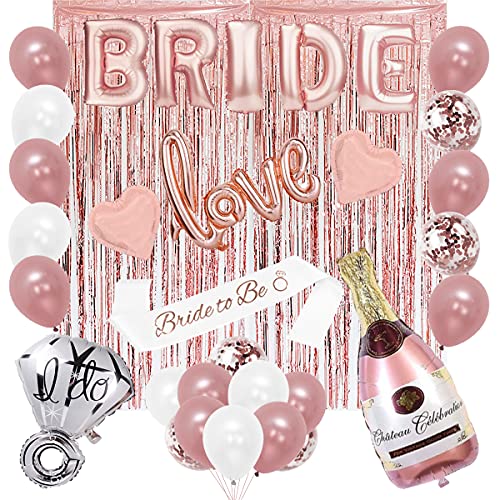 Bachelorettesy 28pc Bachelorette Party Decorations Kit for Bride to Be, Bridal Shower Decorations, Engagement Party – Balloons, Sash, Foil Backdrop Curtain (Rose Gold)