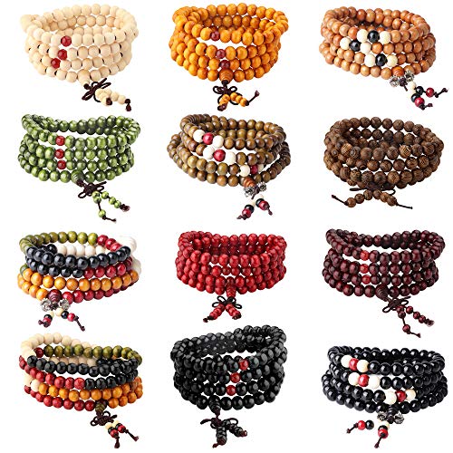 LOYALLOOK 108 Mala Bead Bracelets Buddhist Strand Wood Bracelet Prayer Beads Sandalwood Link Wrist Necklace Chain for Men Women Chinese Knot 12pcs