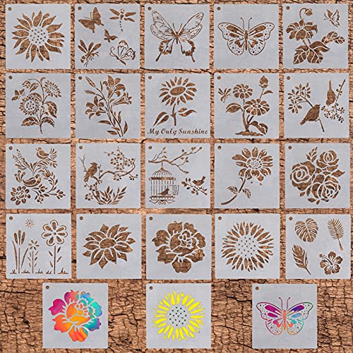 Stencils for Painting, Flower Stencils for Painting on Wood Canvas, 20pcs Reusable Plastic Wall Stencil Drawing Templates for Kids and Adults, Butterfly Bird Sunfl