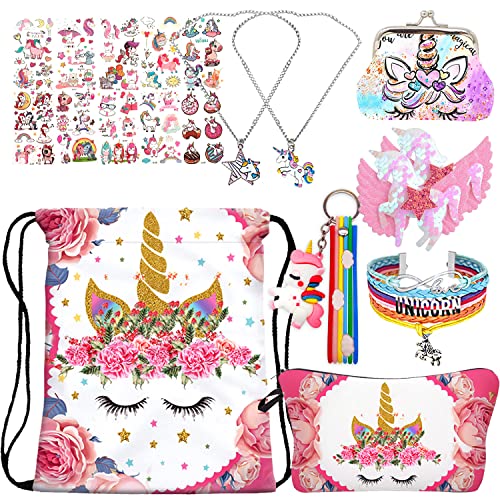 RLGPBON Unicorn Gifts for Girl Drawstring Backpack/Makeup Bag/Unicorn Pendant Necklace/Bracelet/Hair Ties