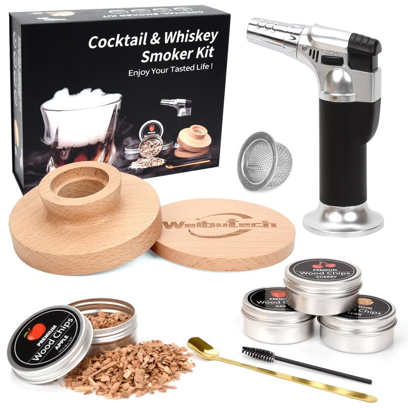 Cocktail Whiskey Smoker Kit with Torch, Old Fashioned Bourbon with 4 Flavored Smoking Wood Chips, Drink Smoker Infuser Kit Gifts for Cocktail Lovers, Men, Dad, Husband, Boss, Boyfriend (No Butane)