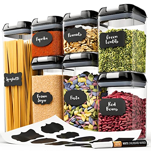 Chef's Path - Set of 7 Airtight Food Storage Containers for Kitchen Storage - Clear Plastic - Durable Strong Lids - Labels and Chalk Marker