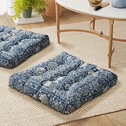 Meditation Floor Pillow Set of 2, Large Pillows Seating for Adults and Kids, Bohemian Cushion for Fireplace Yoga Living Room Sitting, Memory Foam Added, 22x22 Inch Indigo Elephant