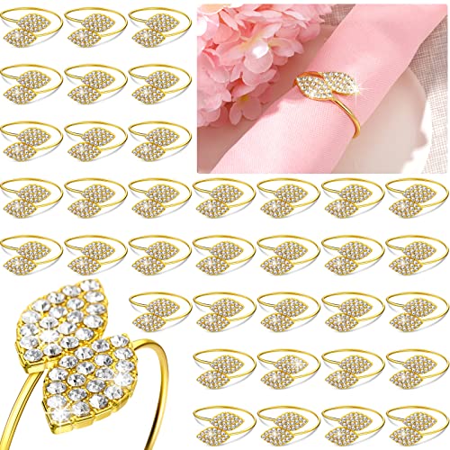 Hotop 100 Pieces Napkin Rings Set Metal Leaves Napkin Holders Rhinestone Napkin Buckle for Wedding Party Celebrate Festival Dinner Table Decoration (Gold)