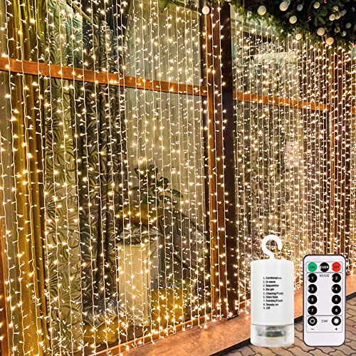 echosari 300 LED Curtain Lights Battery Operated, 9.8ft×9.8ft Hanging Lights with Remote Timer Fairy Curtain Lights for Bedroom Patio Wedding Backdrop Party Decór (Warm White)