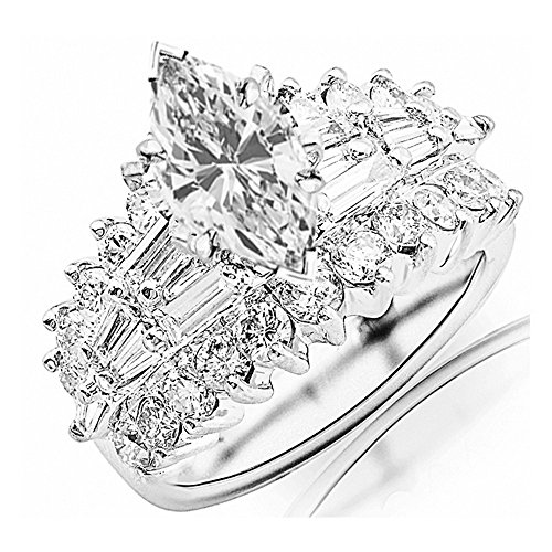 14K White Gold 4 Carat LAB GROWN DIAMOND Exquisite Prong Set Bageutte And Round Marquise Cut Diamond Engagement Ring (G-H Color VS2-SI1 Clarity 2 Ct Center)