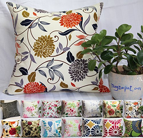 TangDepot 100% Cotton Floral/Flower Printcloth Decorative Throw Pillow Covers/Handmade Pillow Shams - (18'x18', S07 Chrysanthemum)