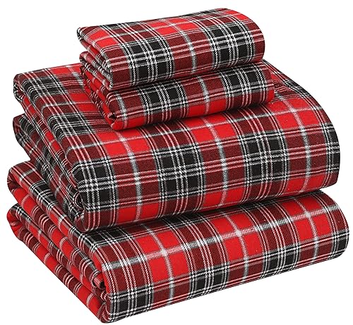RUVANTI Flannel Sheets Queen Size - 100% Cotton Brushed Flannel Bed Sheet Sets - Deep Pockets 16 Inches (fits up to 18') - All Seasons Breathable & Super Soft - Warm & Cozy - 4 Pcs - Red Plaid