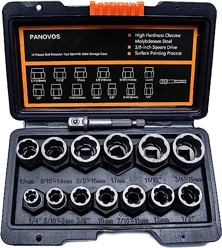 PANOVOS Screw Bolt Nuts Extractor Socket Set, 14 Pieces Impact Bolt & Nut Remover Set, Stripped Lug Nut Remover, Extraction Set for Removing Damaged, Frozen, Rusted, Rounded-Off Bolts, Nuts & Screws